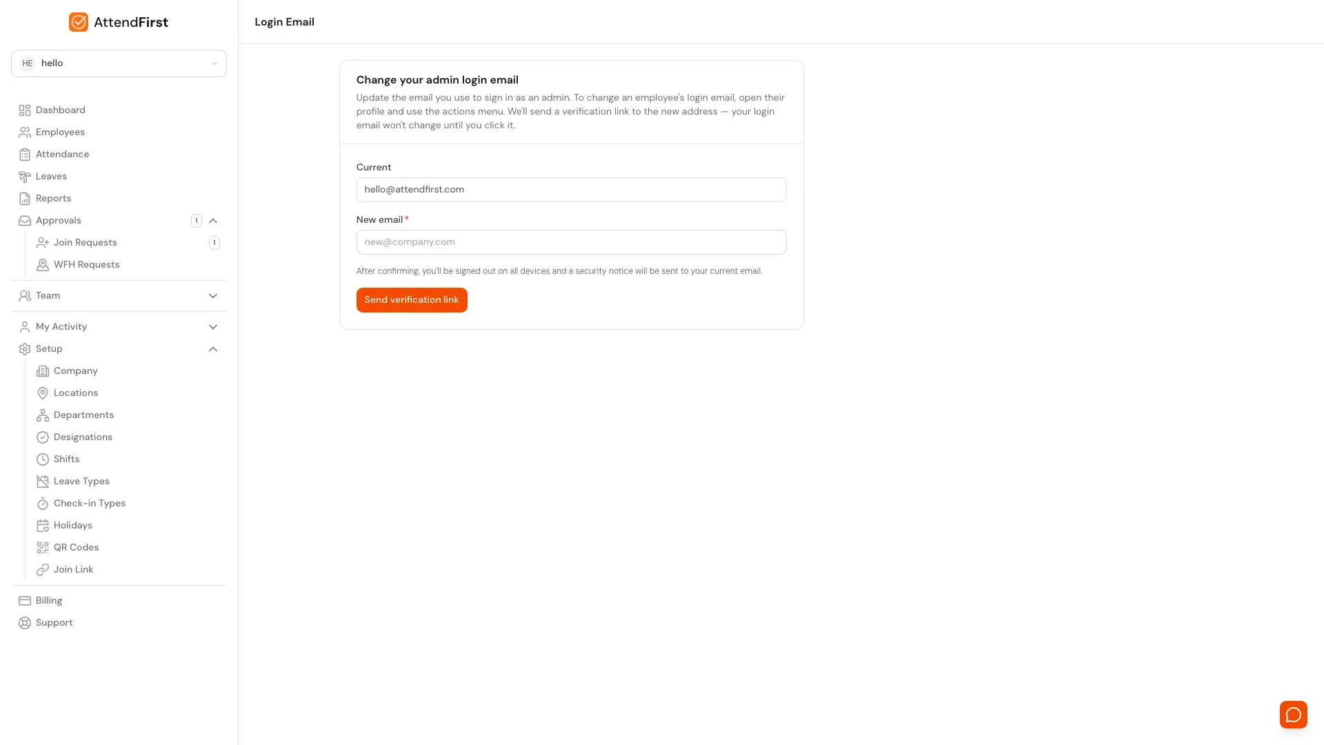 AttendFirst Account settings page showing the current admin login email in a disabled field and a New email input with a Send verification link button