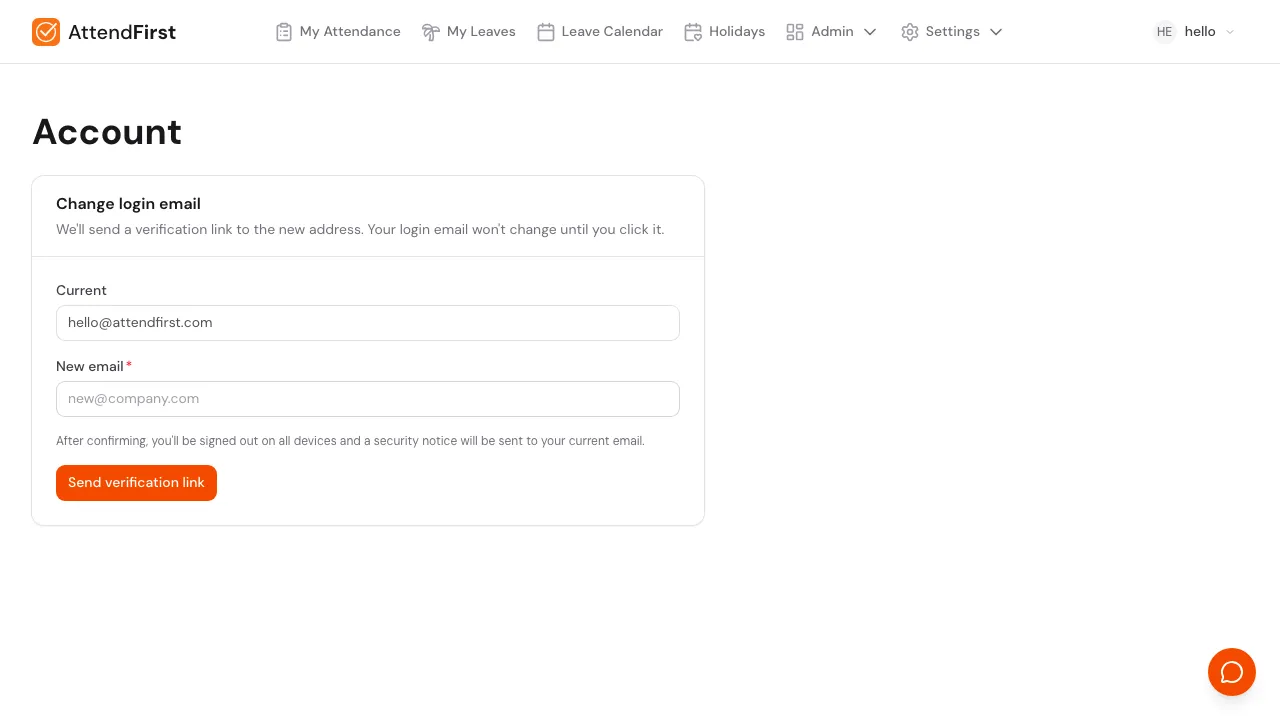Account settings page showing current email and a form to enter a new email address