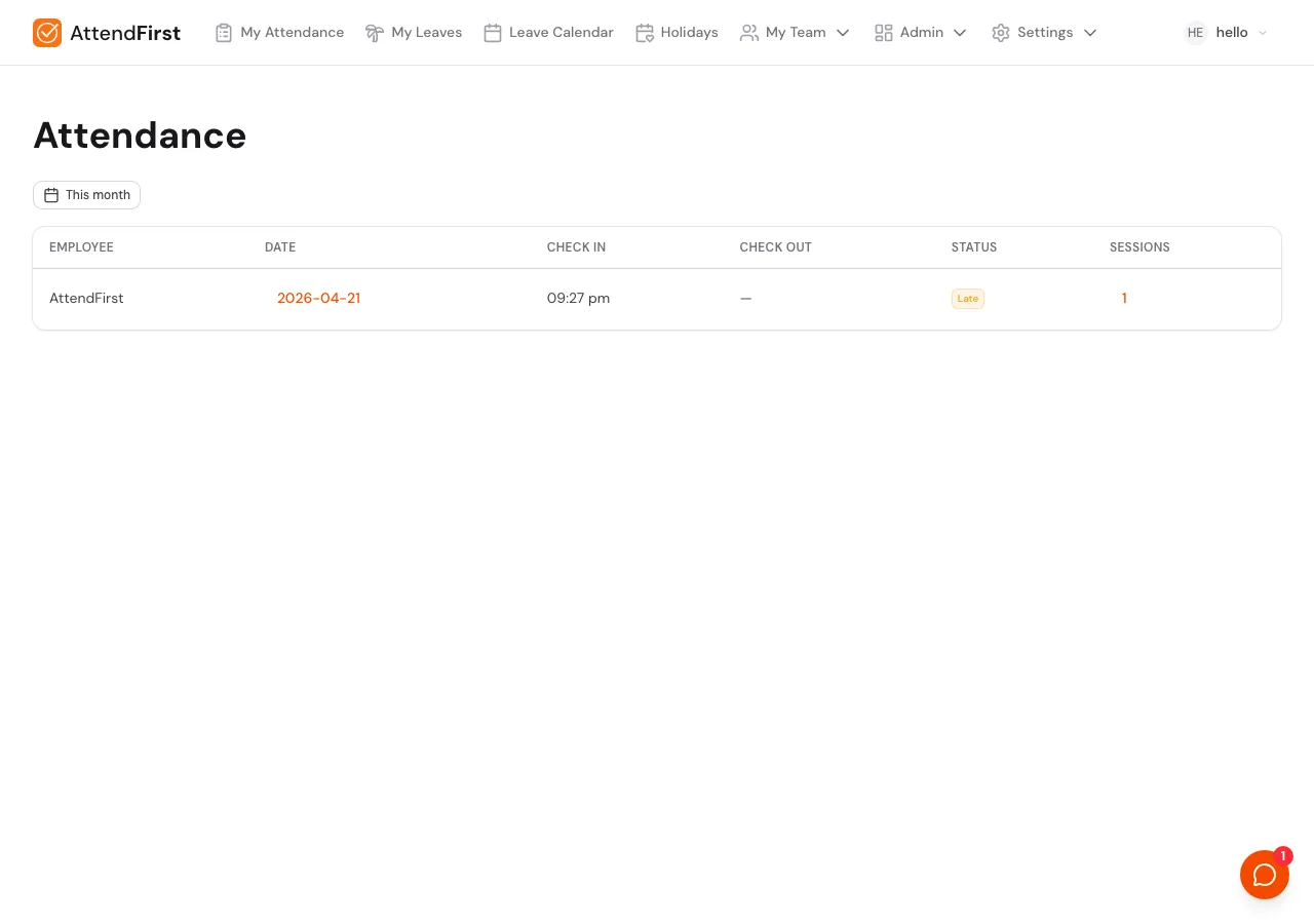 Admin Attendance page with a This month filter and a table of employee attendance records