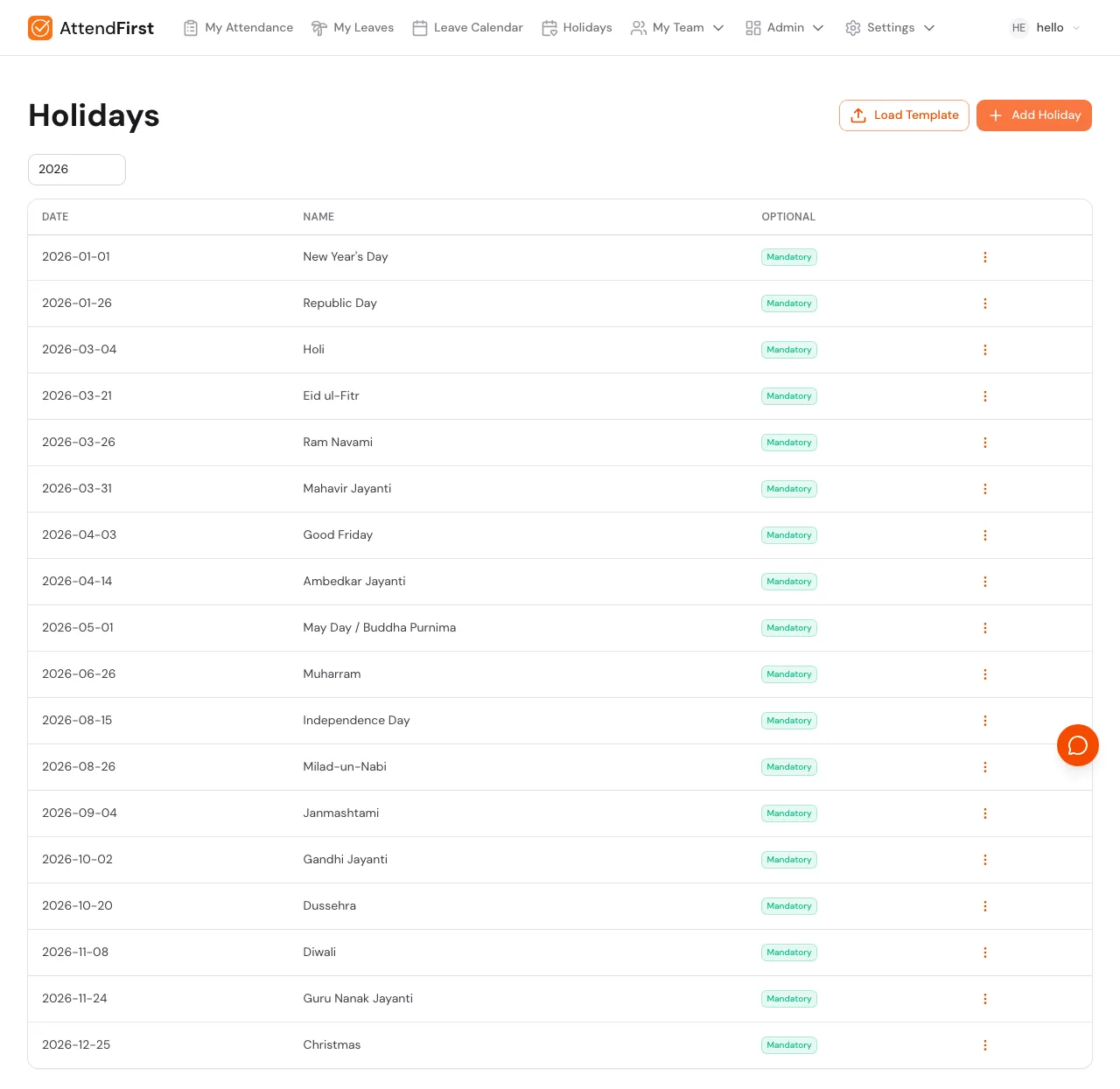 Admin Holidays page with year filter, empty table, and two buttons: Load Template and Add Holiday