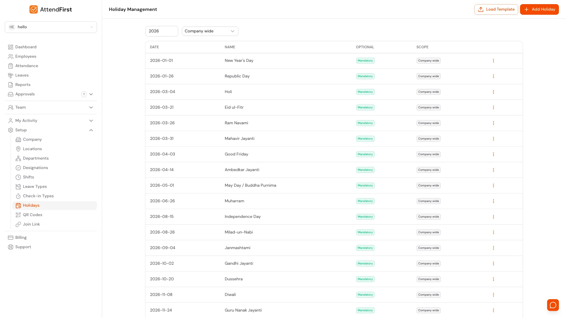 AttendFirst admin Holidays page at /admin/settings/holidays with the year and scope filters and the Indian gazetted holiday list showing Mandatory and Company wide badges on every row
