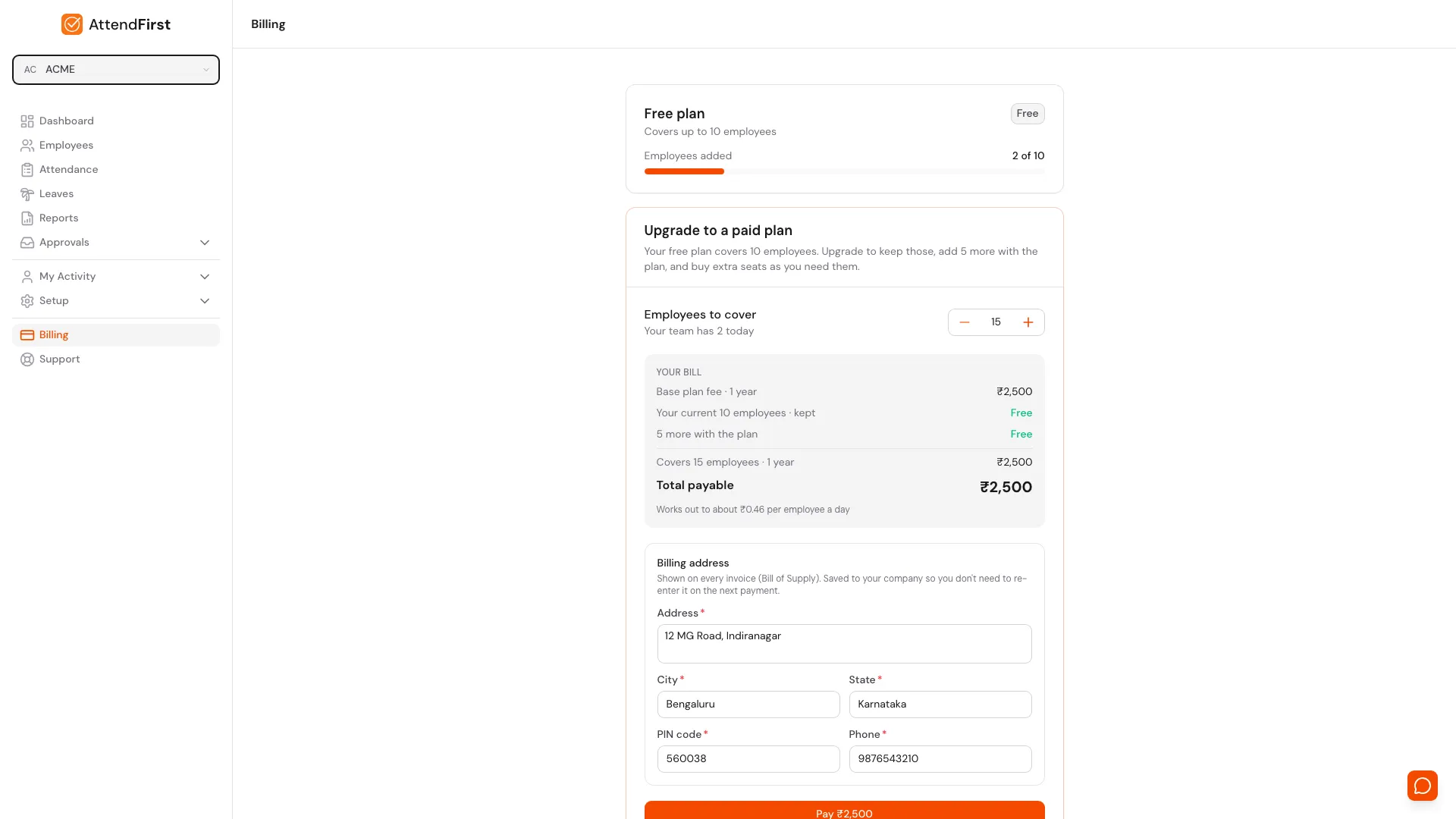 AttendFirst Admin Billing page showing a Free plan card with an Employees added progress bar, an Upgrade to a paid plan card with an Employees to cover stepper, an itemised Your bill panel ending in Total payable, and a Billing address form
