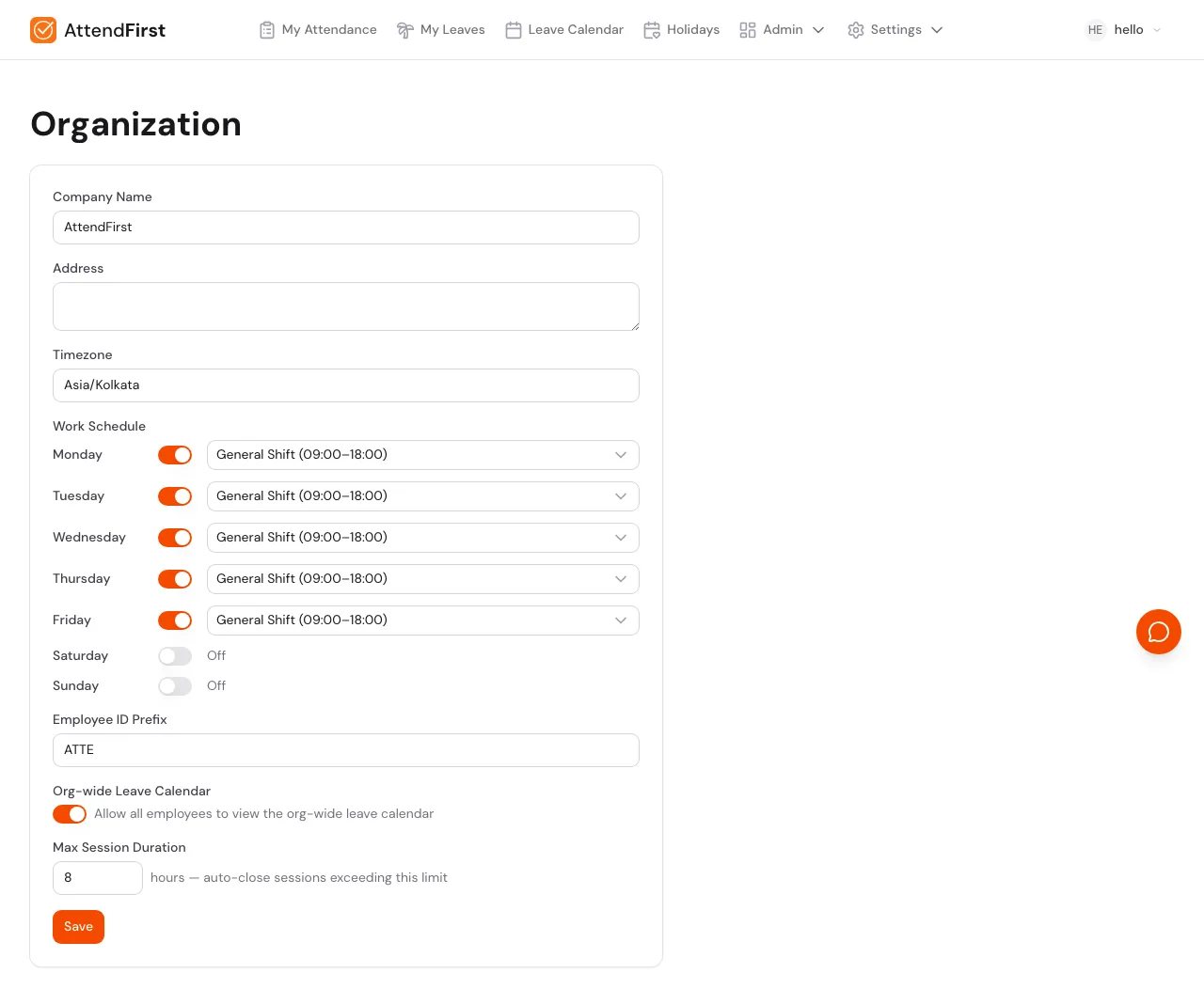 Organization settings form with company name, address, timezone, work schedule, and other fields