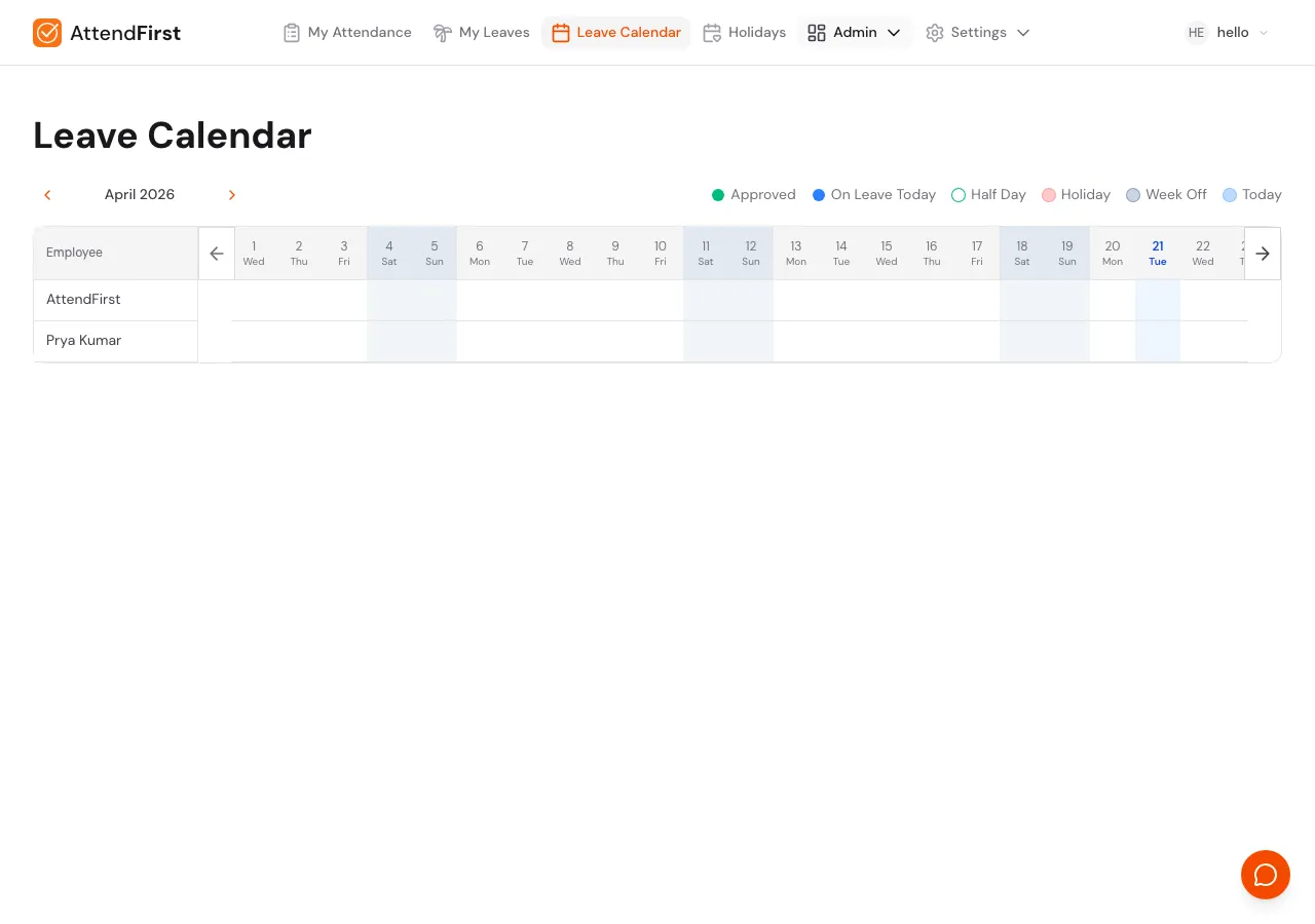 Leave Calendar page in April 2026 with a month label, prev/next arrows, legend with Approved, On Leave Today, Half Day, Holiday, Week Off, and Today, and a grid with one row per employee and one column per day