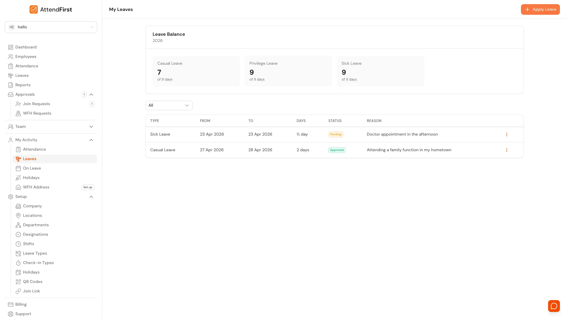 AttendFirst employee My Leaves page at /leaves showing Leave Balance 2026 cards for Casual, Privilege, and Sick Leave (9 days remaining each), an All/Pending/Approved/Rejected status filter, and the request history table