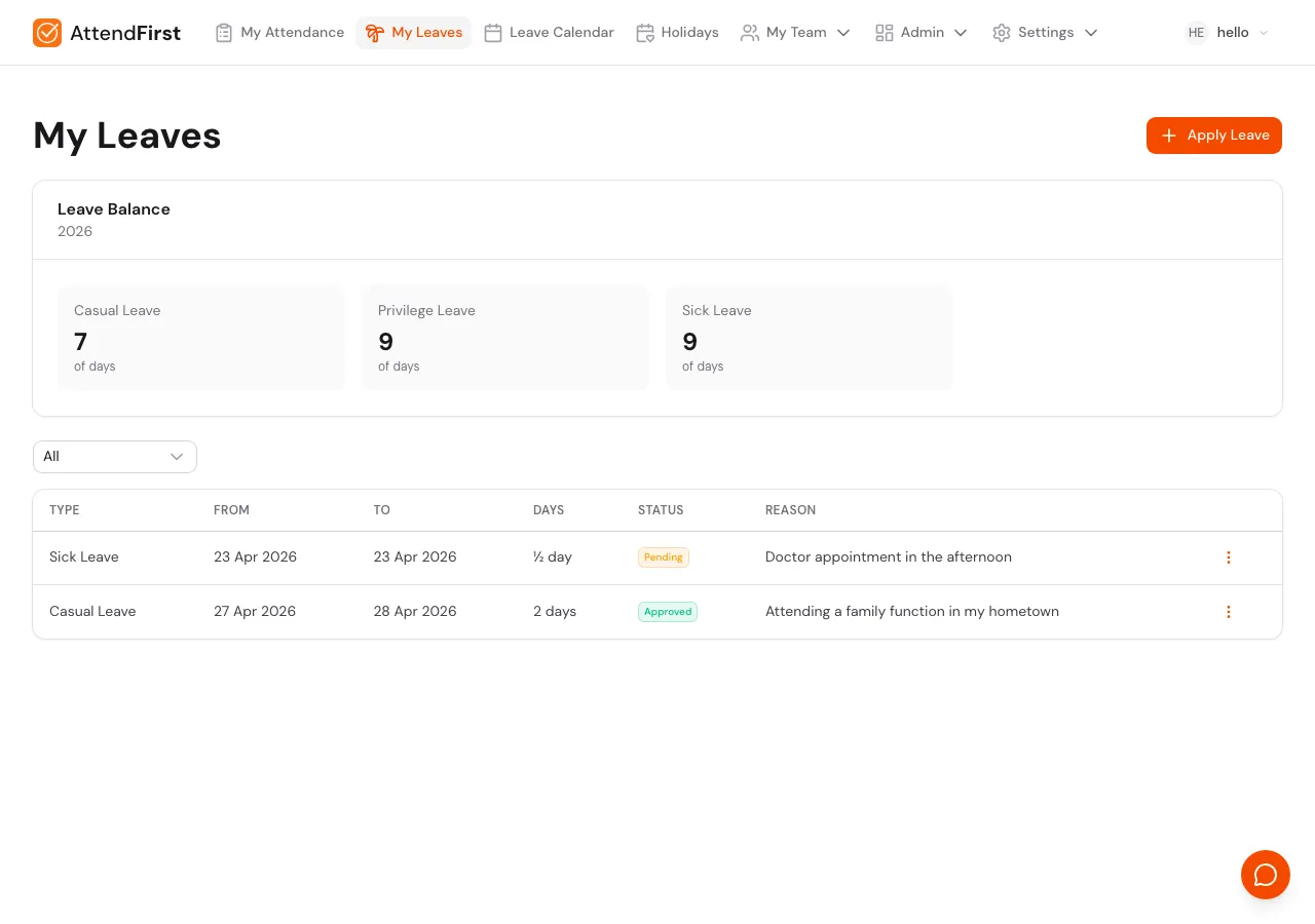 My Leaves page showing Leave Balance 2026 with three cards (Casual Leave 9 of days, Privilege Leave 9 of days, Sick Leave 9 of days), status filter, and empty requests table