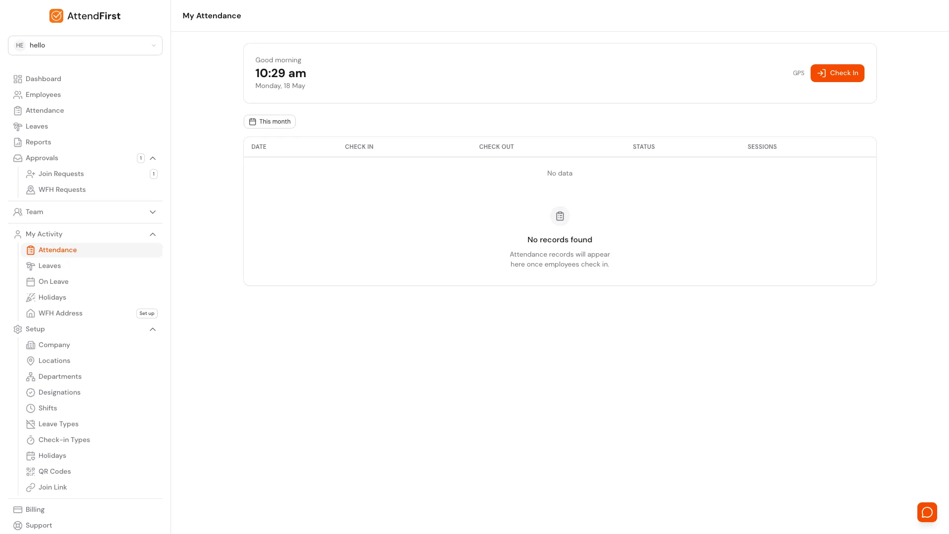 AttendFirst employee My Attendance desktop page at /attendance with a check-in card at the top and a per-day history table below showing Date, Check In, Check Out, Status, and Sessions columns for reviewing personal attendance