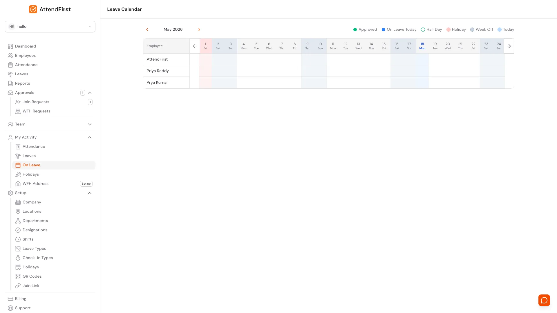 AttendFirst shared Leave Calendar at /calendar for April 2026 with month navigation arrows, a colour legend (Approved, On Leave Today, Half Day, Holiday, Week Off, Today), and a grid of one row per employee and one column per day so the team can see who is out and when