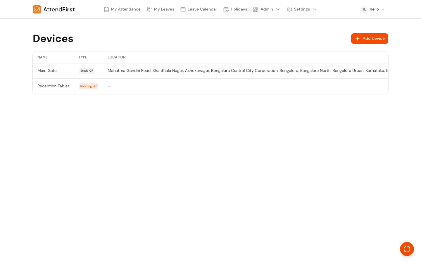 Devices settings page with two rows: Main Gate (Static QR, Bengaluru address) and Reception Tablet (Rotating QR)