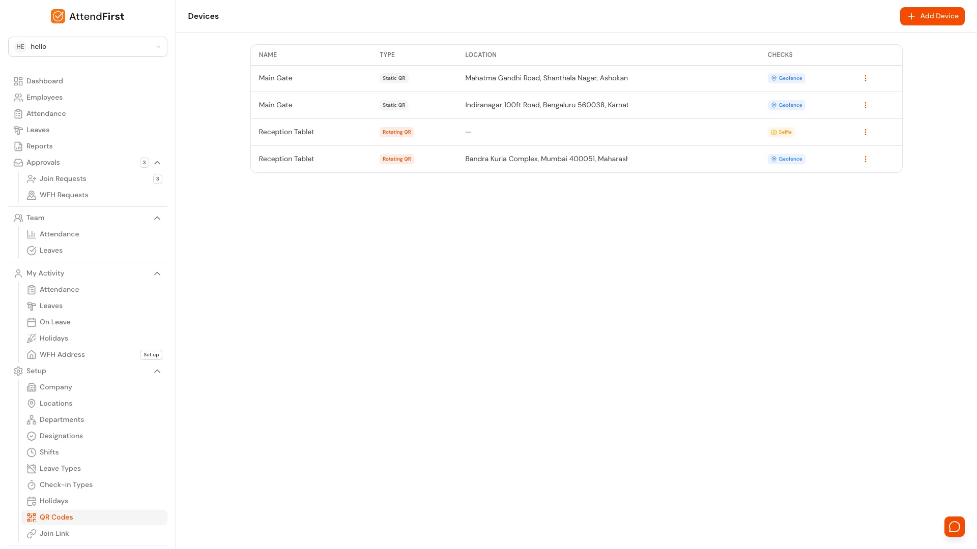 AttendFirst admin Devices page listing Main Gate (Static QR, Bengaluru address) and Reception Tablet (Rotating QR), with an Add Device button.