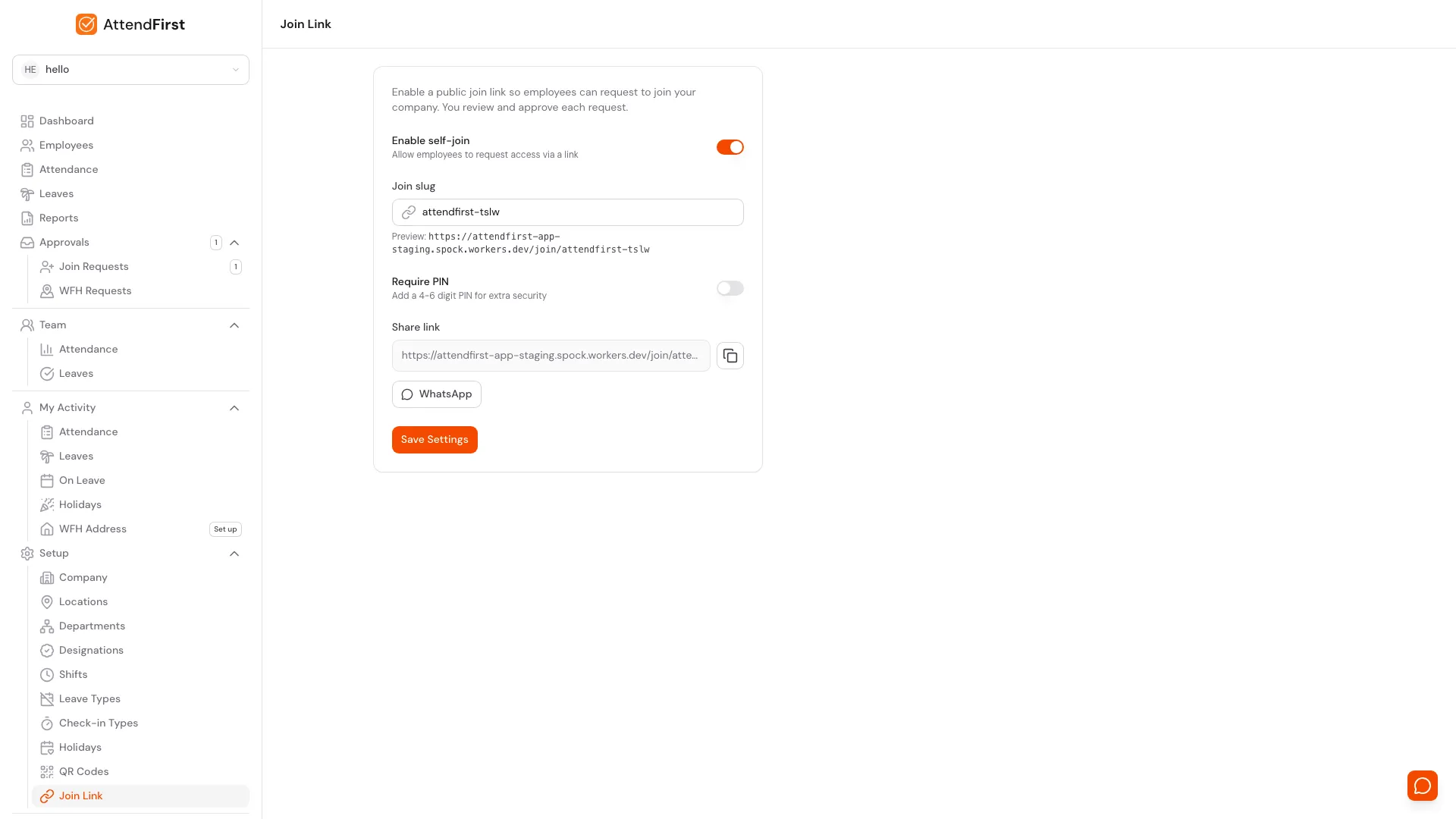 AttendFirst Join Link settings screen with 'Enable self-join' toggled on, editable join slug, optional PIN toggle, shareable URL, and a WhatsApp share button.