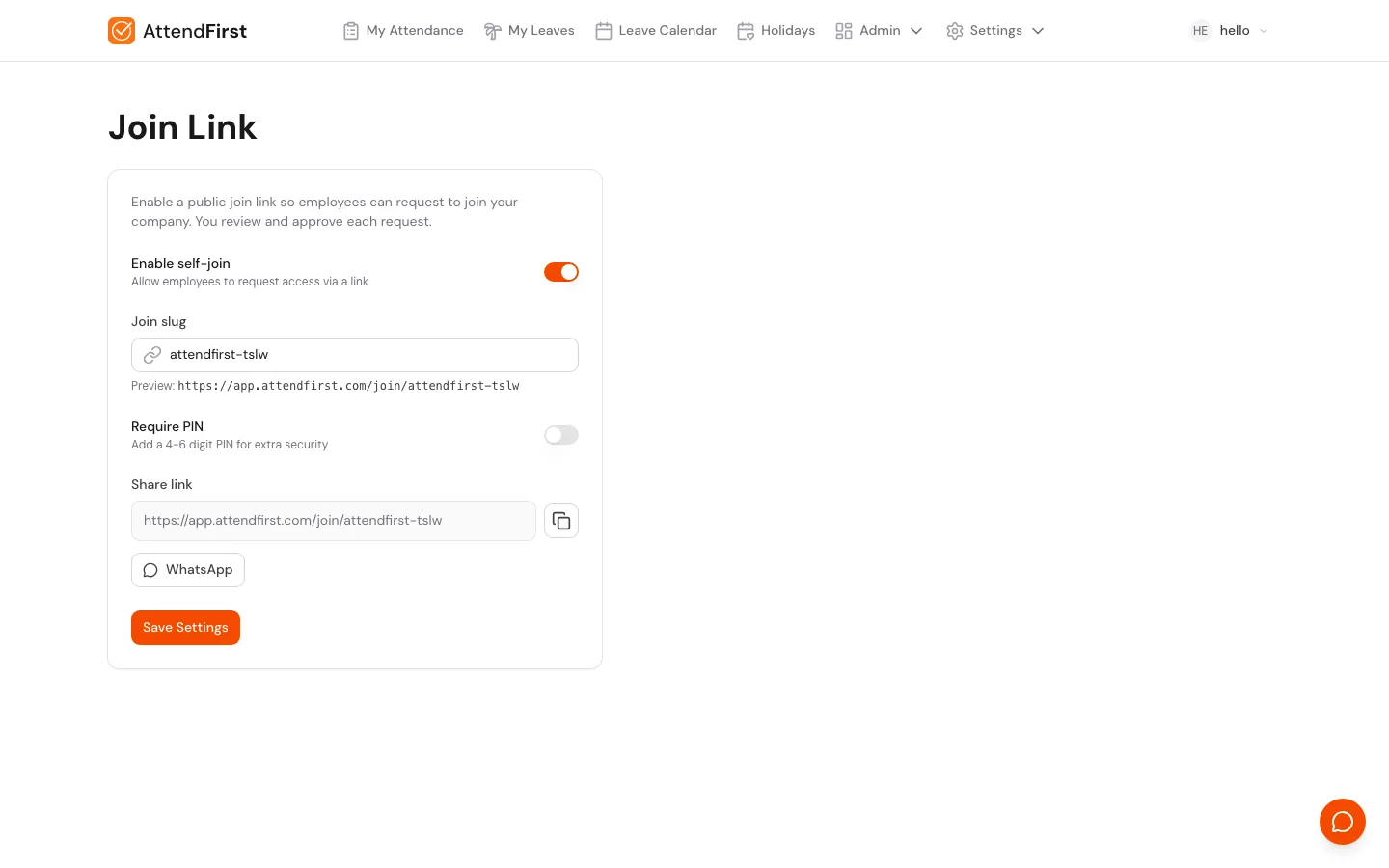 Join Link settings page with Enable self-join toggle, Join slug input, Require PIN toggle, and Share link section