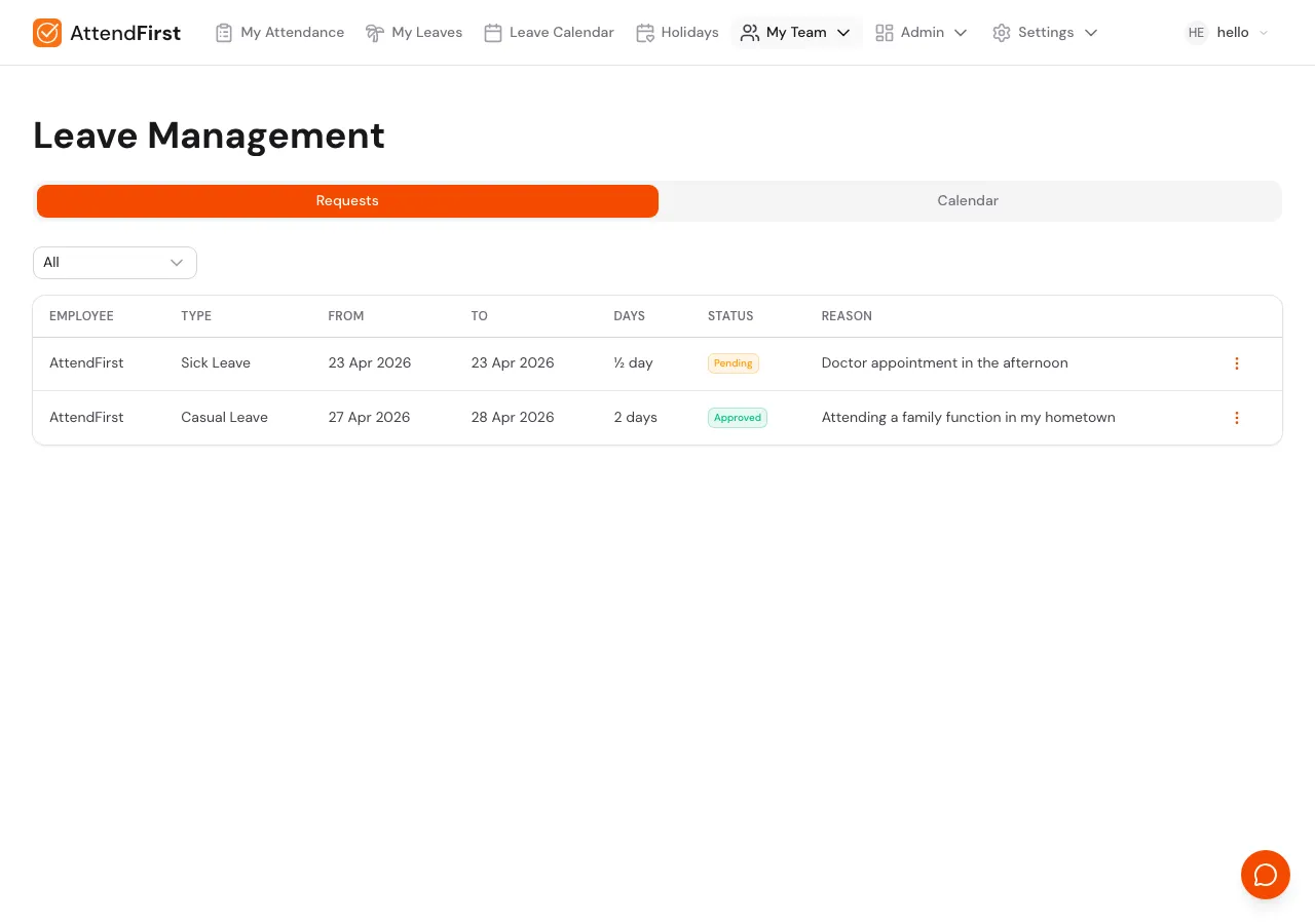 Leave Management page showing the Requests tab with a table of leave requests