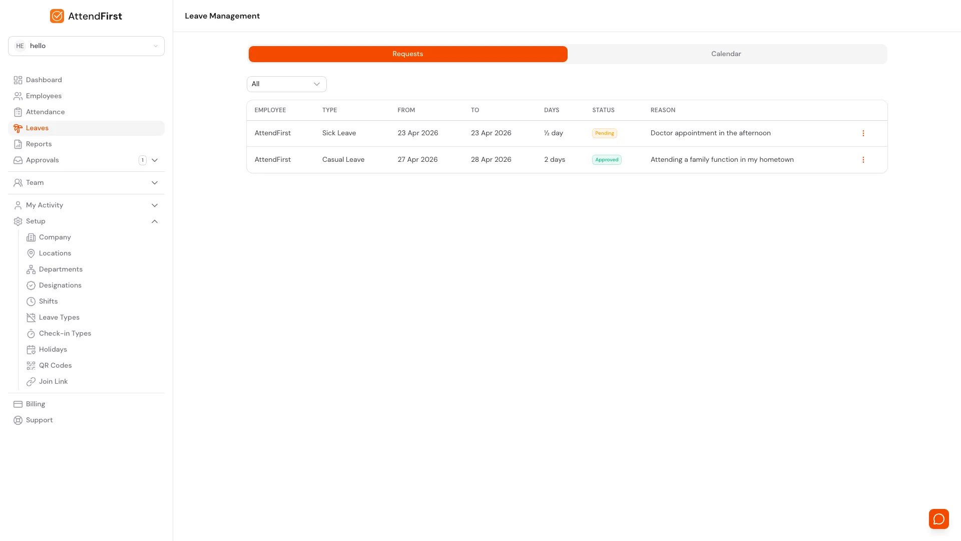 AttendFirst admin Leave Management page at /admin/leaves showing the Requests tab with a status filter and a table of every leave request (Employee, Type, From, To, Days, Status, Reason) ready for one-click approve or reject