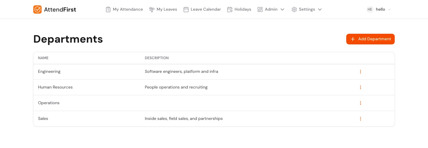 Departments list showing Engineering, Human Resources, Operations, Sales with descriptions
