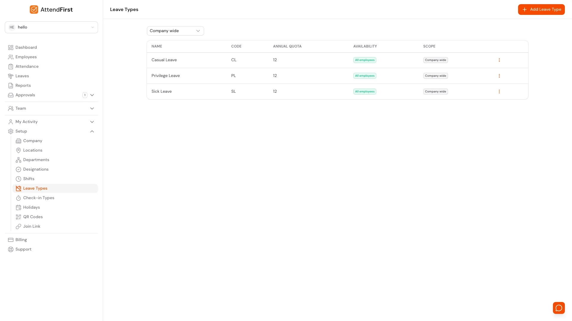 AttendFirst Leave Types page at /admin/settings/leave-types showing the pre-seeded Casual Leave (CL, 12), Privilege Leave (PL, 12), and Sick Leave (SL, 12) types with All employees availability and Company wide scope badges