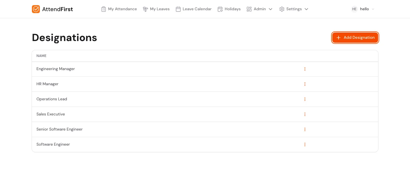 Designations list showing Engineering Manager, HR Manager, Operations Lead, Sales Executive, Senior Software Engineer, Software Engineer