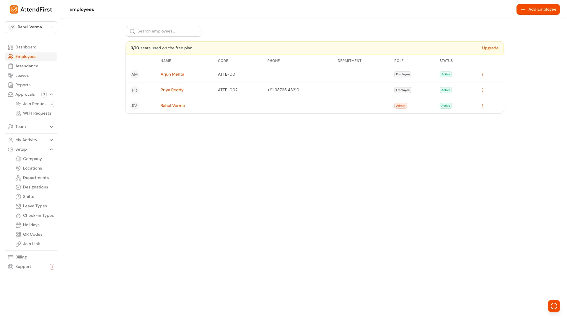 AttendFirst admin Employees list page at /admin/employees with the free-plan seat banner, search bar, and a table of staff showing Name, Code, Phone, Department, Role, and Status columns for adding, editing, or deactivating workers