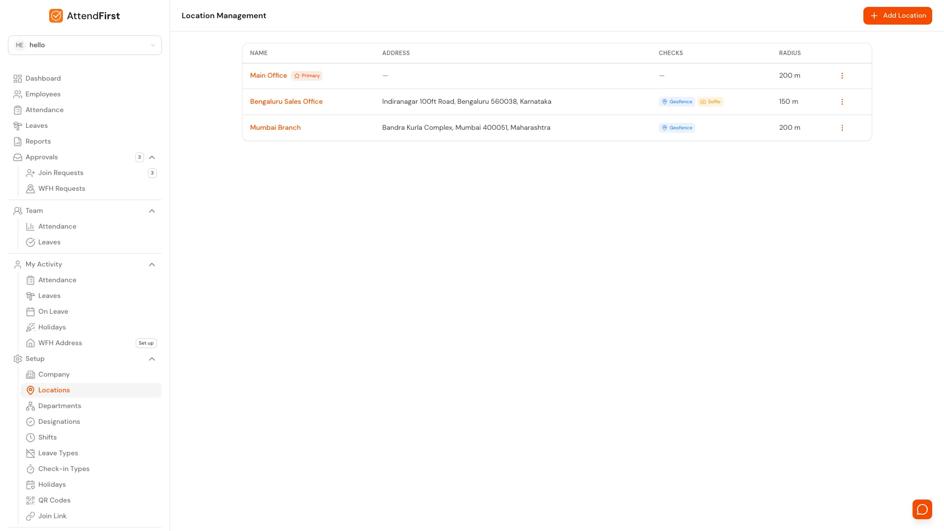 AttendFirst multi-location attendance management page at /admin/settings/locations with a table of company branches including Main Office (marked Primary), Bengaluru Sales Office, and Mumbai Branch
