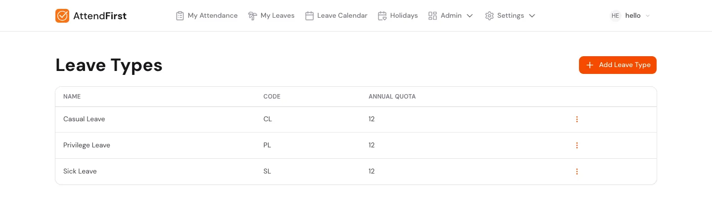 Leave Types list showing Casual Leave CL 12, Privilege Leave PL 12, Sick Leave SL 12