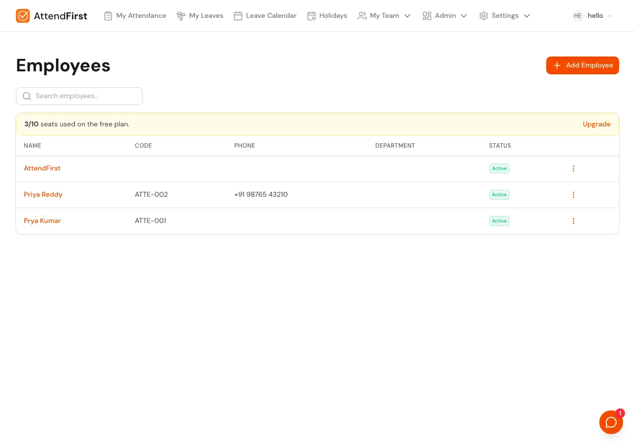 Admin Employees list with search, seats-used banner, and a table of employees with Name, Code, Phone, Department, Status columns