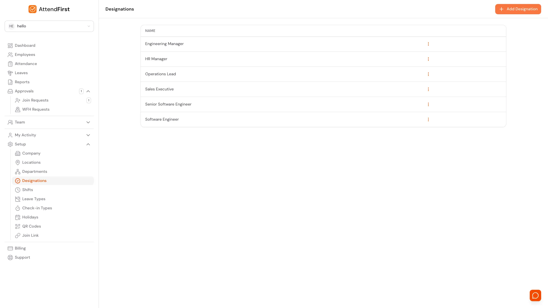 AttendFirst Designations page at /admin/settings/designations listing employee job titles (Engineering Manager, HR Manager, Operations Lead, Sales Executive, Senior Software Engineer, Software Engineer) used across the company