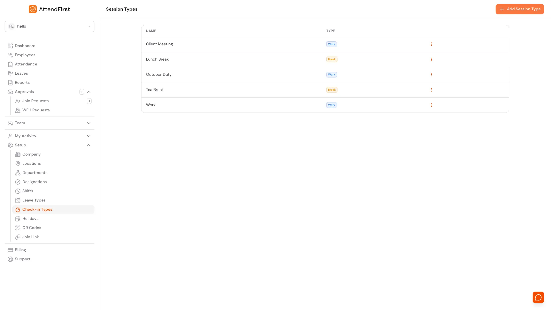 AttendFirst Session Types page at /admin/settings/session-types listing check-in categories (Client Meeting, Lunch Break, Outdoor Duty, Tea Break, Work) with Work or Break badges that drive the mobile Take Break and Switch activity pickers