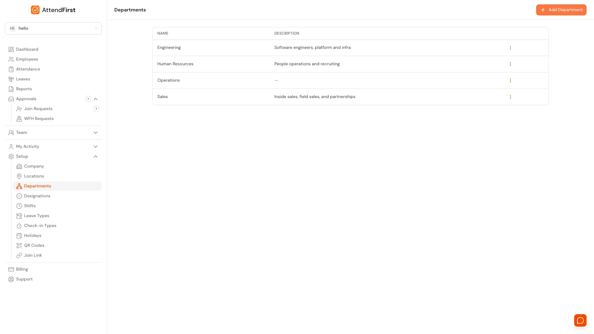 AttendFirst Departments page at /admin/settings/departments listing company departments (Engineering, Human Resources, Operations, Sales) with their descriptions for organizing employee attendance and reports