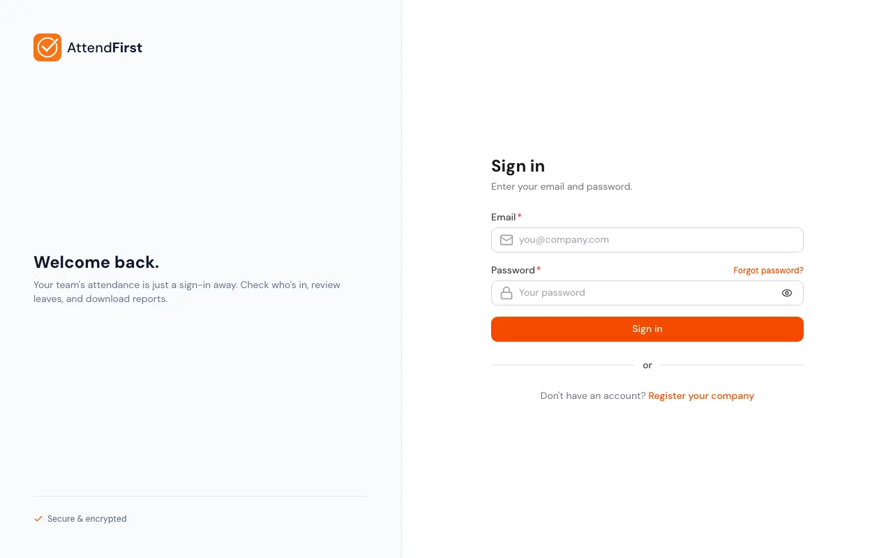 AttendFirst login page with Email and Password fields, Forgot password link, Sign in button, and a Register your company link