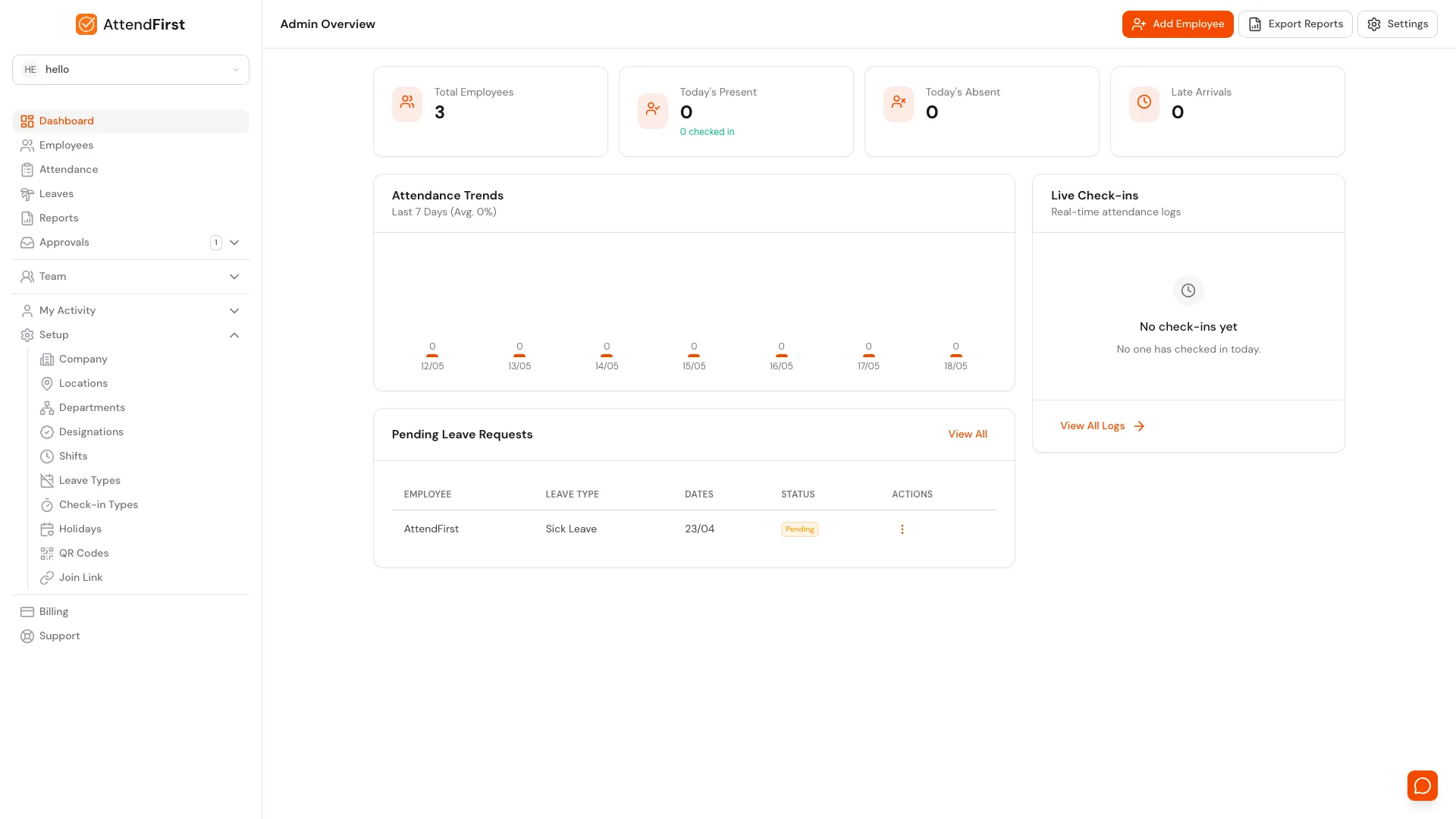 AttendFirst admin attendance dashboard at /admin/dashboard with Total Employees, Today's Present, Today's Absent, and Late Arrivals stat cards, a 7-day attendance trends bar chart, pending leave requests table, and a live check-ins feed
