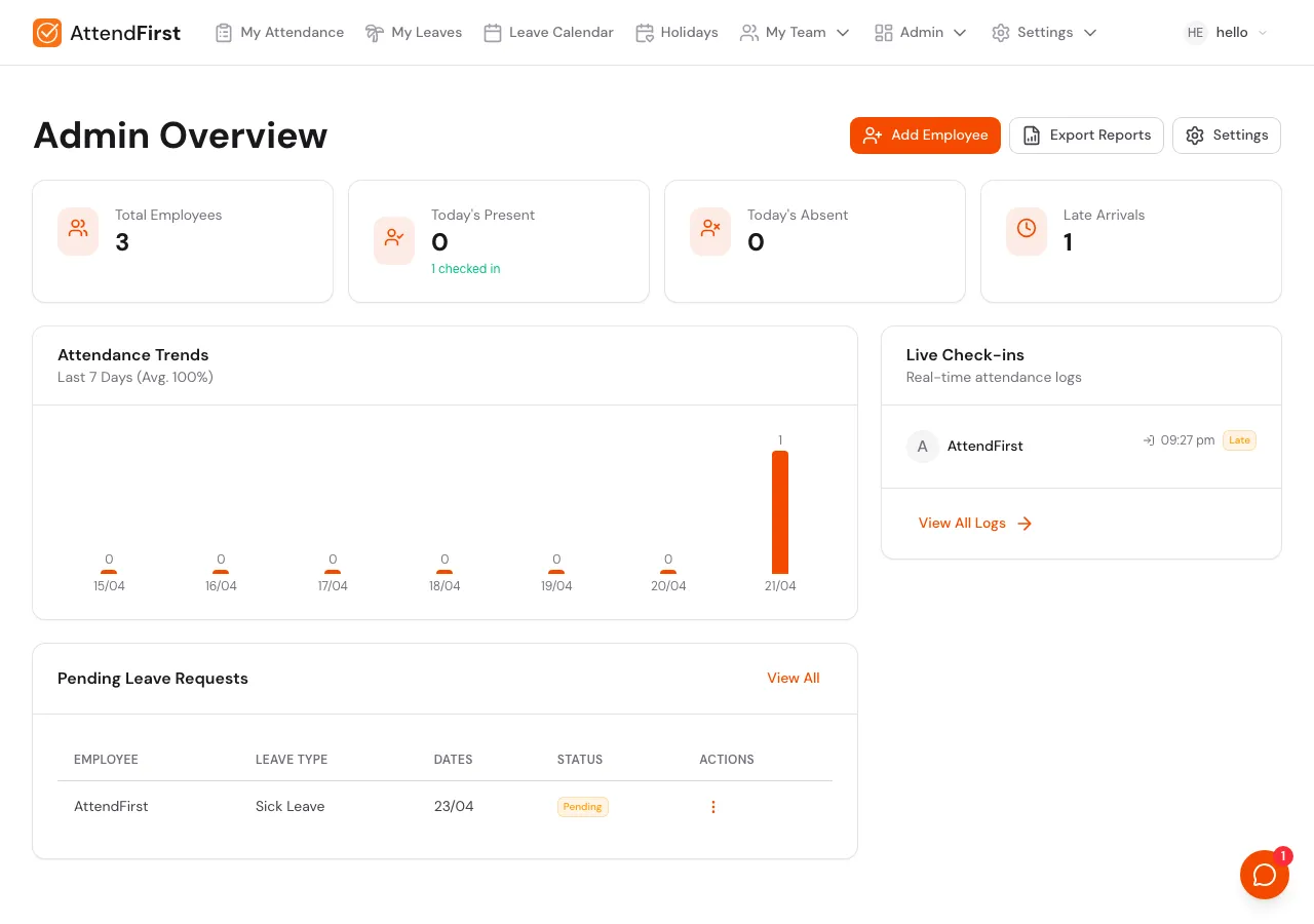 Admin dashboard with an orange circular chat-bubble button fixed in the bottom-right corner above the page content