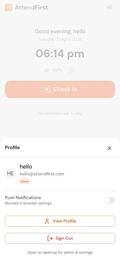 Mobile profile sheet opened from the top bar avatar, showing user info and a Push Notifications toggle