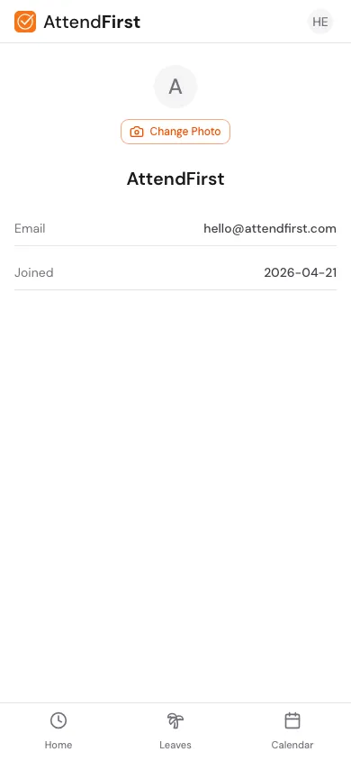 Mobile profile sheet showing avatar with a Change Photo button, name, email, and joined date
