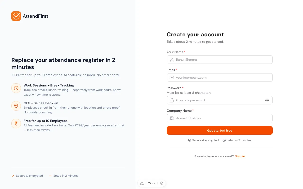 AttendFirst register page with Name, Email, Password and Company Name fields