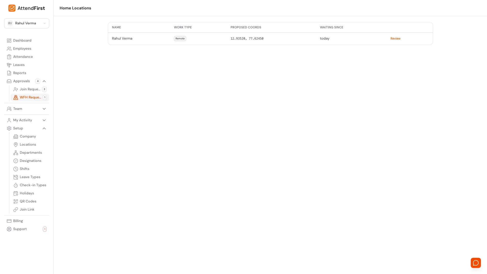 AttendFirst Home Locations admin page listing a pending WFH request with the employee name, Remote work type badge, proposed coordinates, and a Review button