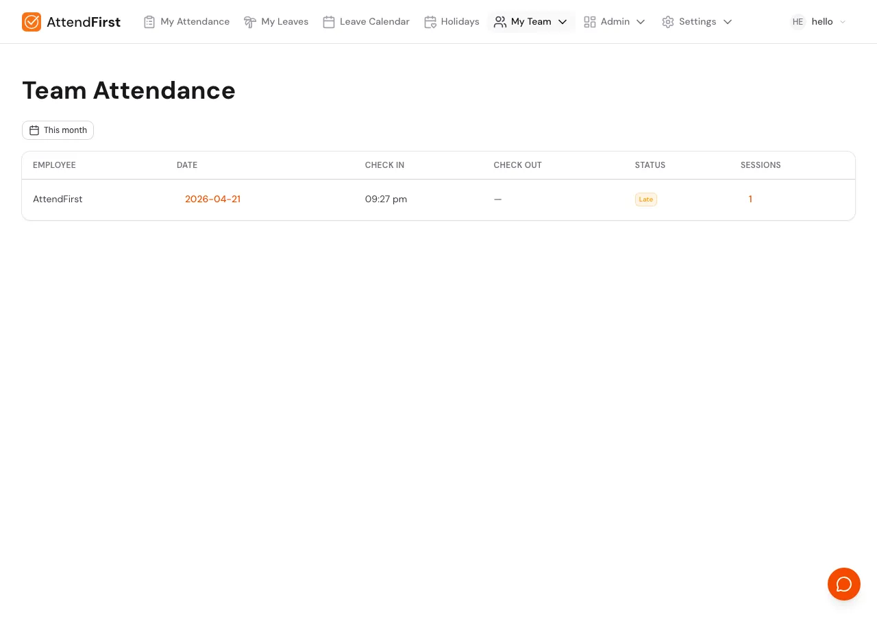 Team Attendance page with a This month filter and a table listing every direct report's date, check-in, check-out, status, and sessions