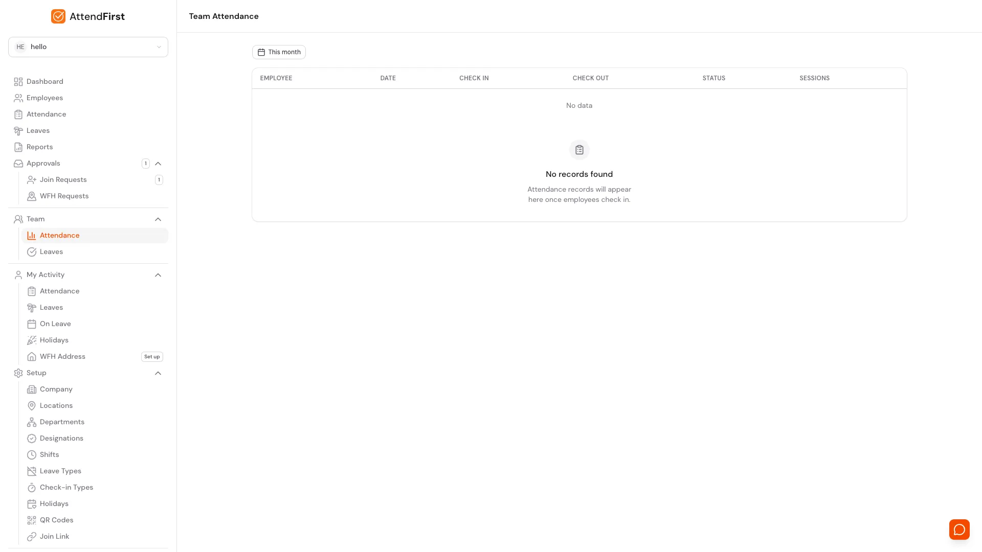 AttendFirst manager view showing team attendance for today: each direct report's check-in time, status, and hours worked.