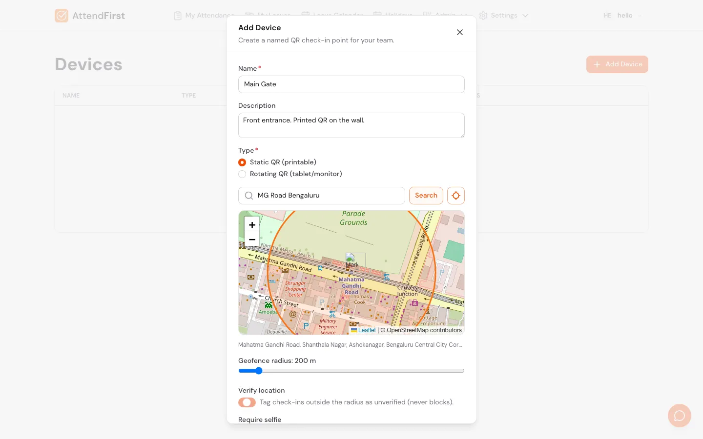 Add Device modal with Name Main Gate, Static QR selected, address search showing MG Road Bengaluru on the map, a 200m geofence circle, and Verify location toggled on