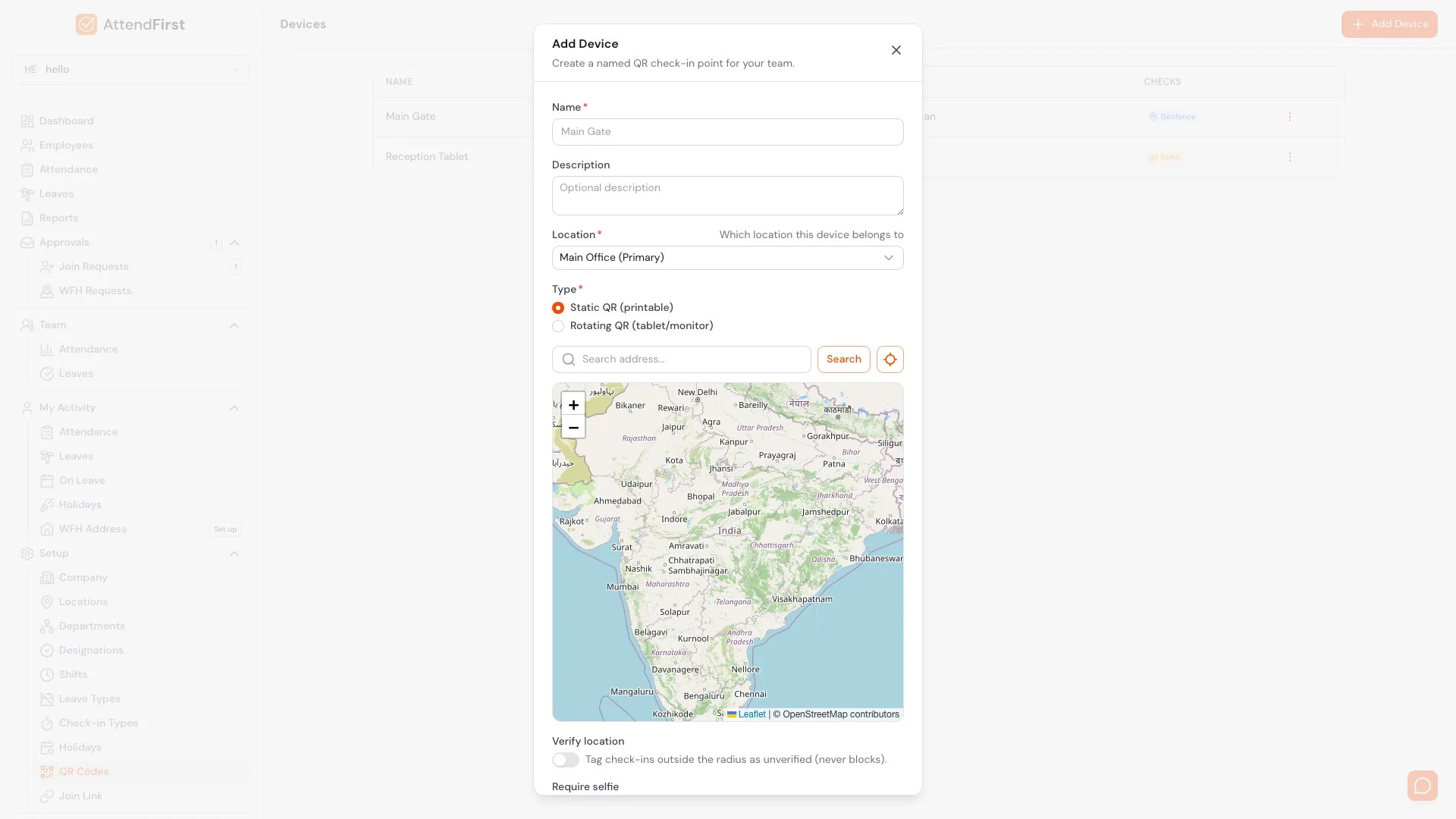 AttendFirst Add Device modal for a printable QR attendance check-in point with the Name set to Main Gate, Static QR type selected, MG Road Bengaluru address picked on the map with a 200m geofence circle, and Verify location toggled on