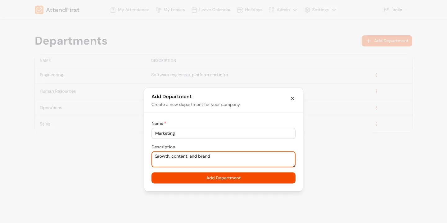 Add Department modal with Name Marketing and Description Growth, content, and brand