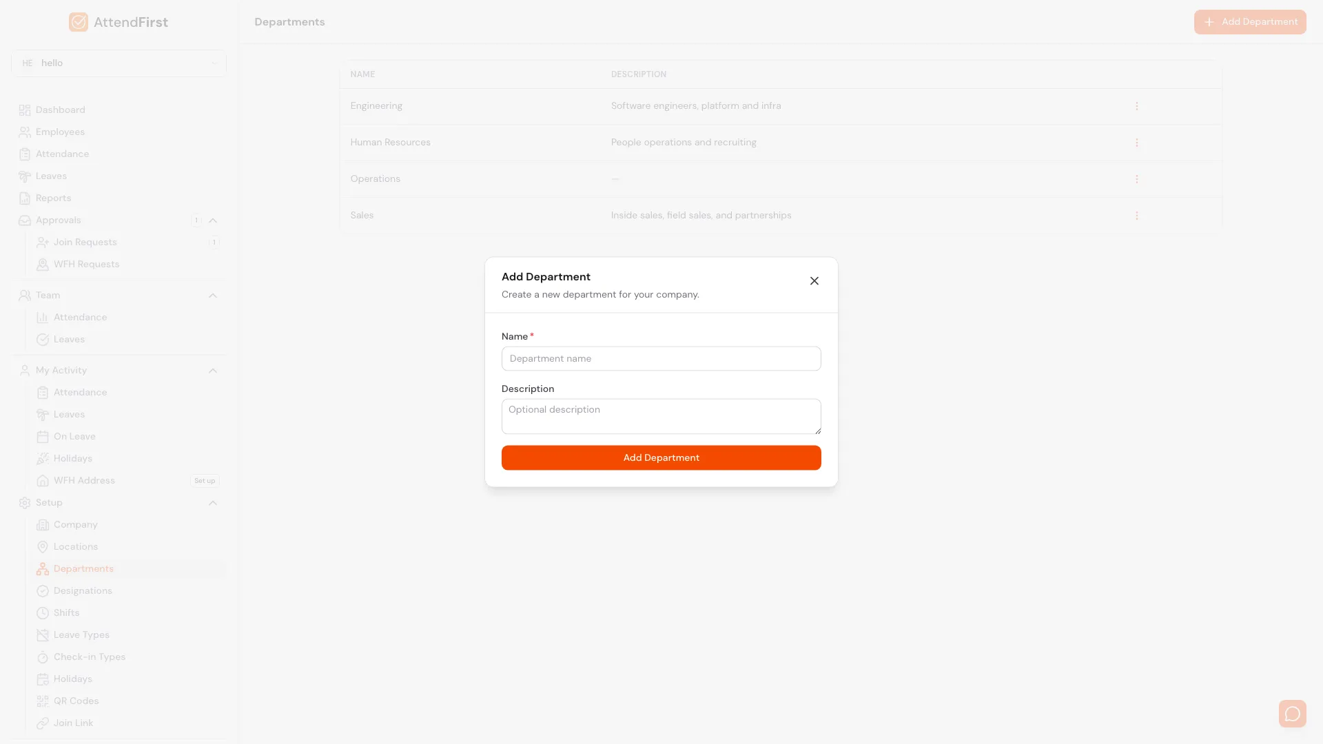 AttendFirst Add Department modal showing a required Name field filled with Marketing and an optional Description field for grouping employees by team