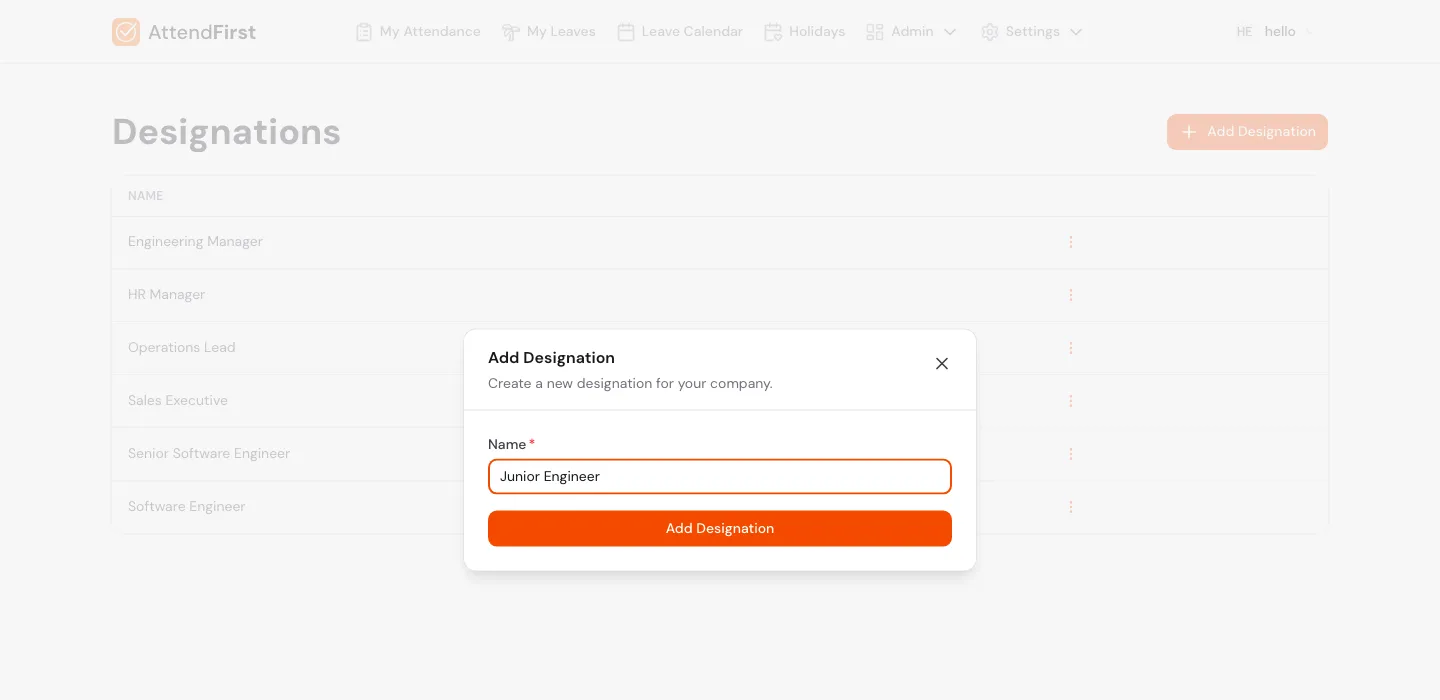 Add Designation modal with Name Junior Engineer