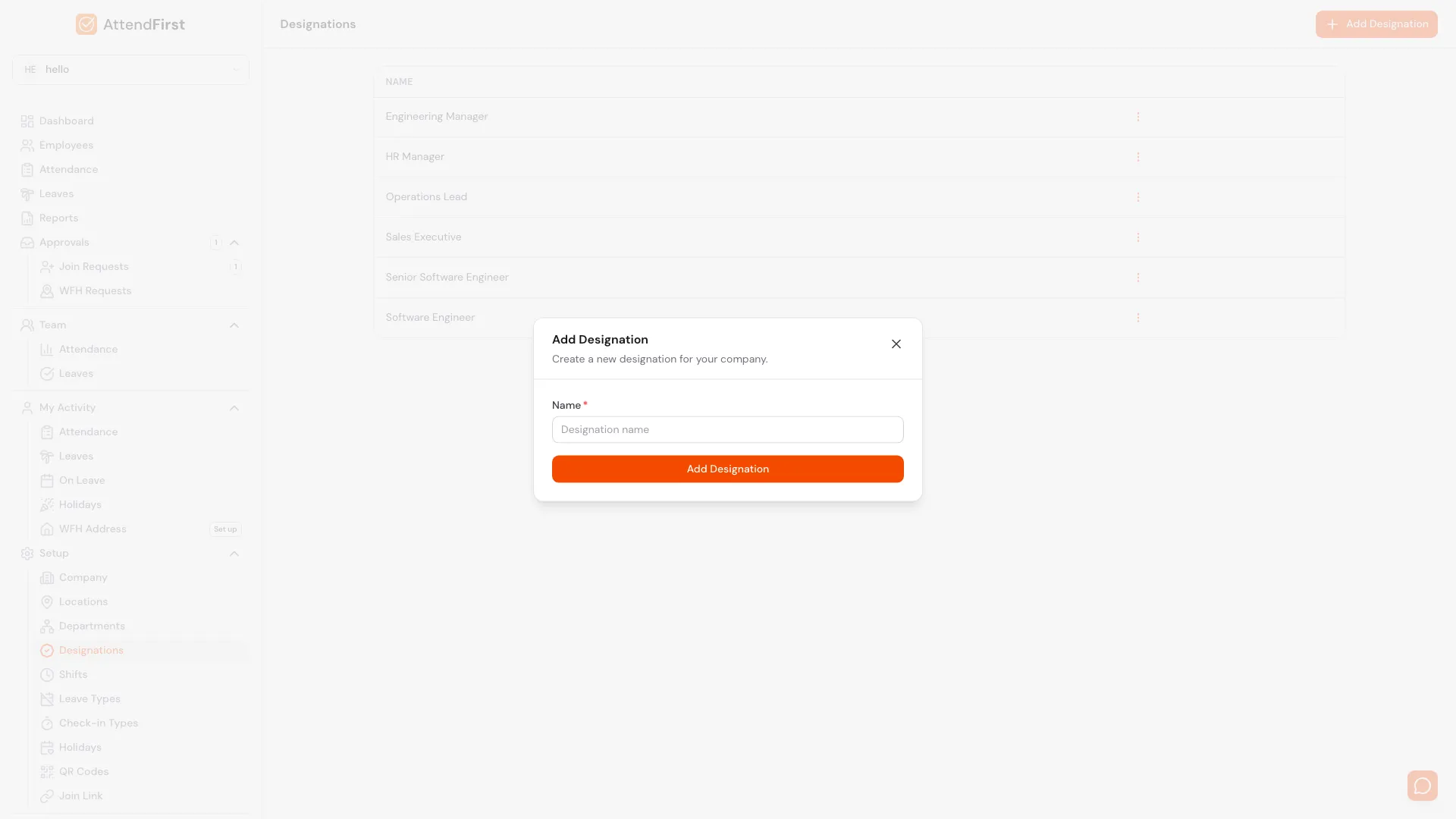 AttendFirst Add Designation modal with a single Name field filled with Junior Engineer for adding a new employee job title