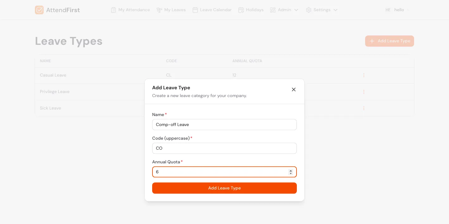 Add Leave Type modal with Name Comp-off Leave, Code CO, Annual Quota 6
