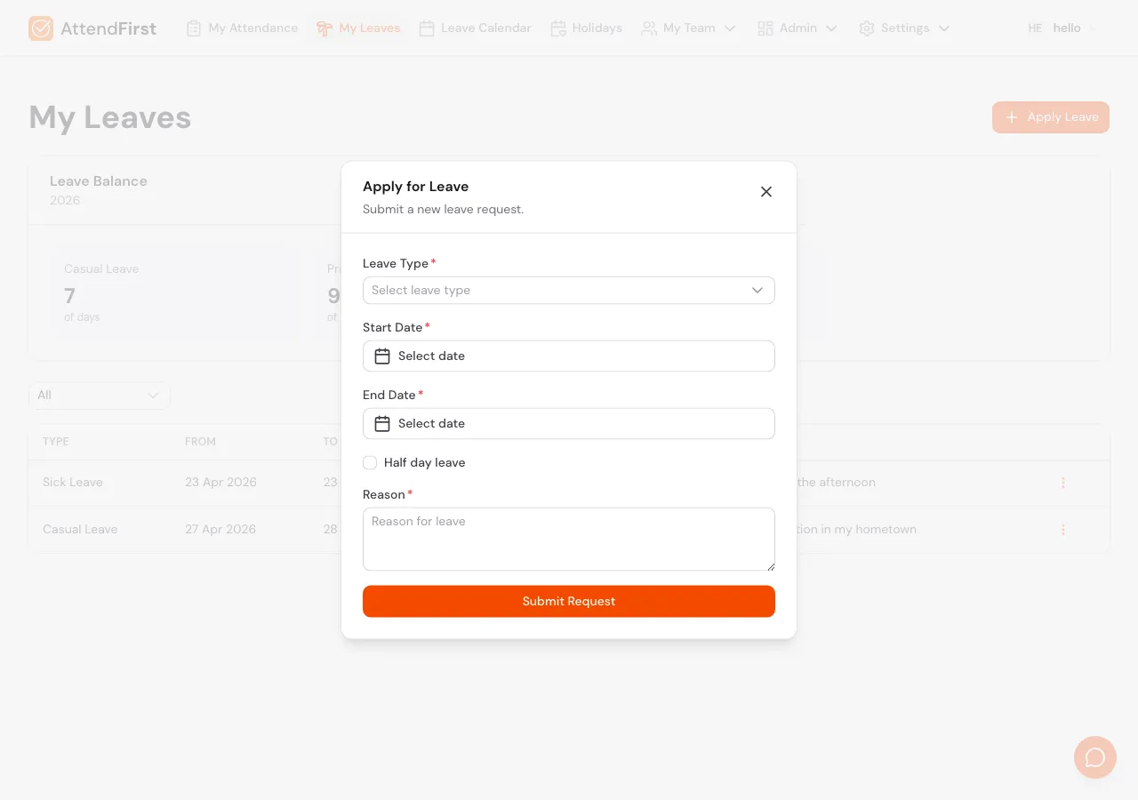 Apply for Leave modal with Leave Type dropdown, Start Date, End Date, Half day leave checkbox, and Reason textarea