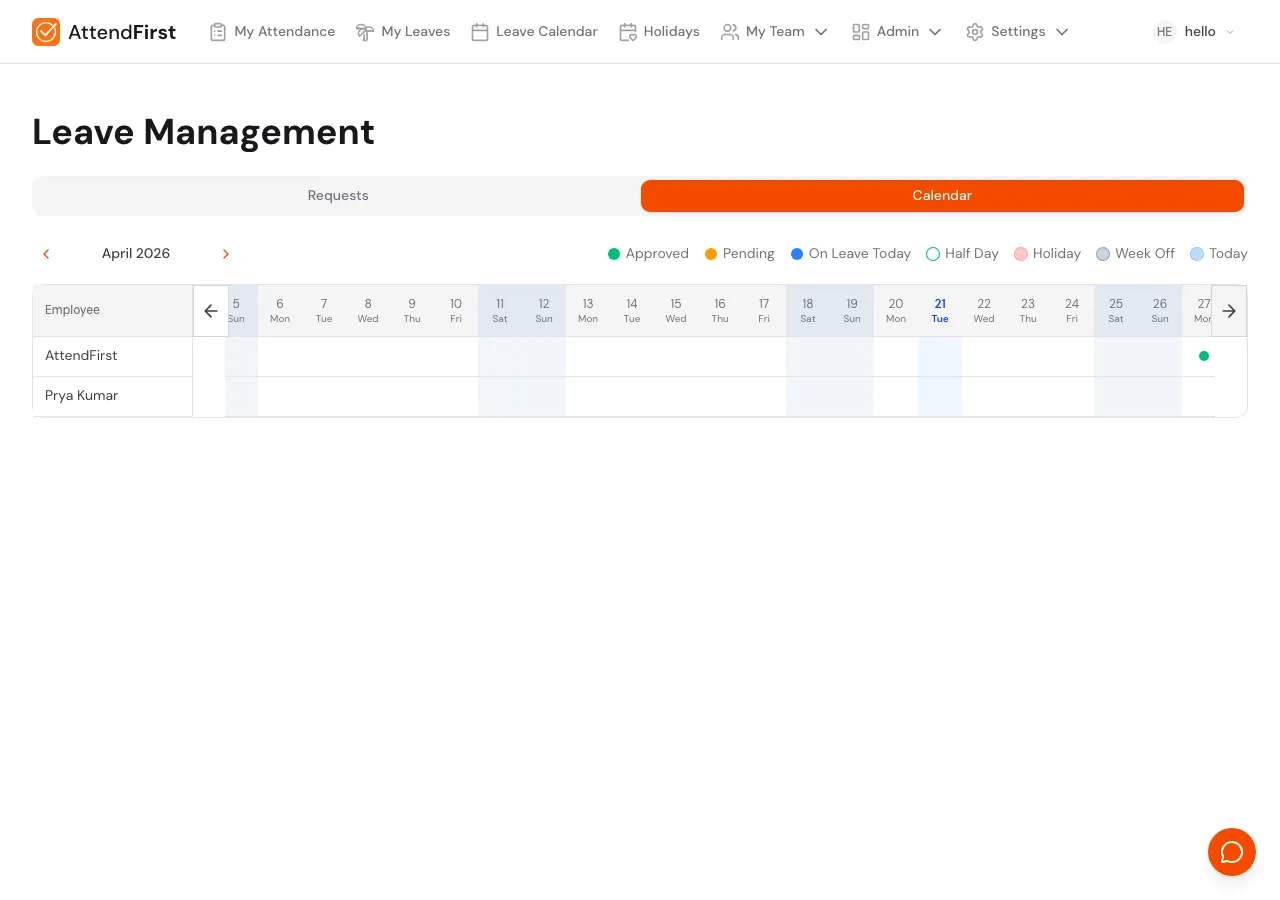Leave Management Calendar tab showing a monthly grid with employee rows and leave markers