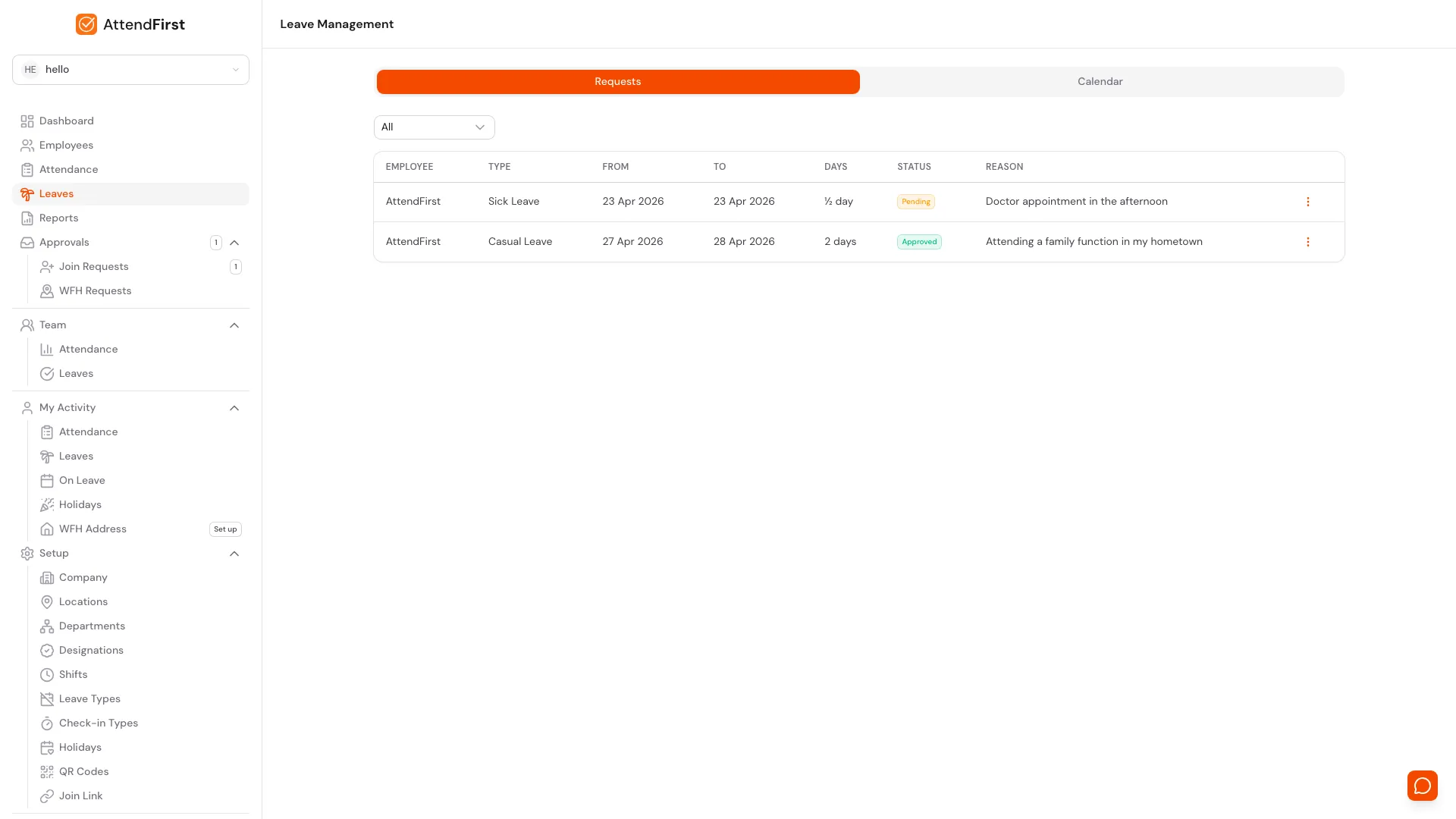 AttendFirst admin Leave Management Calendar tab showing a monthly grid with one row per employee, day columns, weekend and holiday shading, and coloured dots marking approved and pending leave for team capacity planning