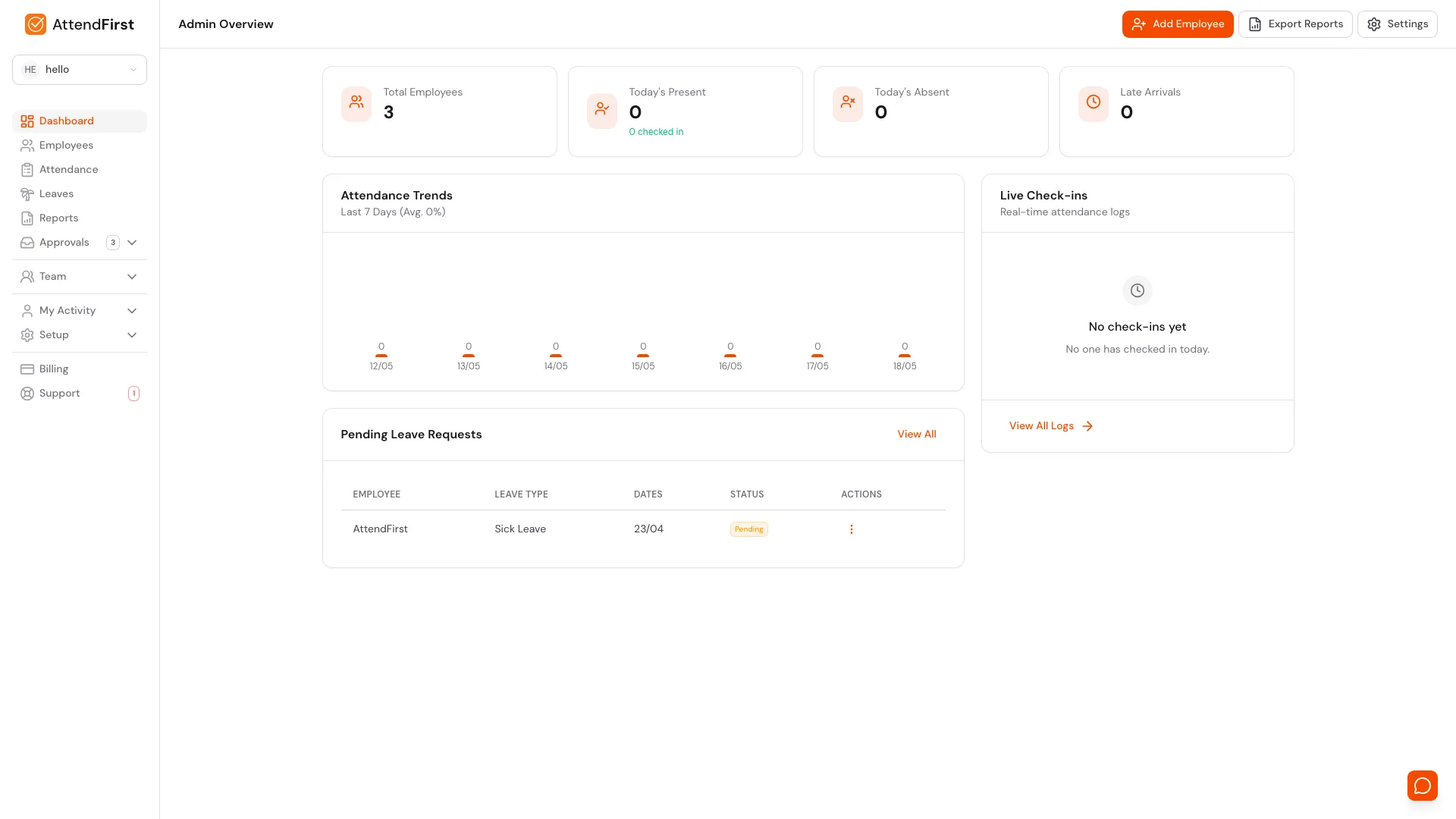 AttendFirst desktop dashboard showing Total Employees, Today's Present, Today's Absent, Late Arrivals stat cards, an attendance trends chart, and a pending leave requests table