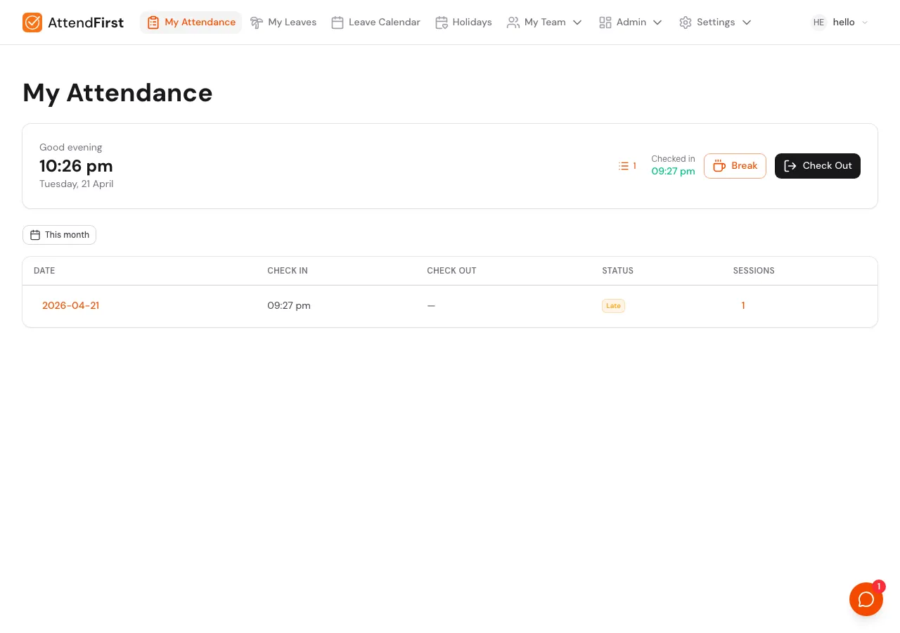 Desktop My Attendance page with a check-in card showing greeting, live clock, GPS method, and Check In button, plus a This month filter and an empty records table