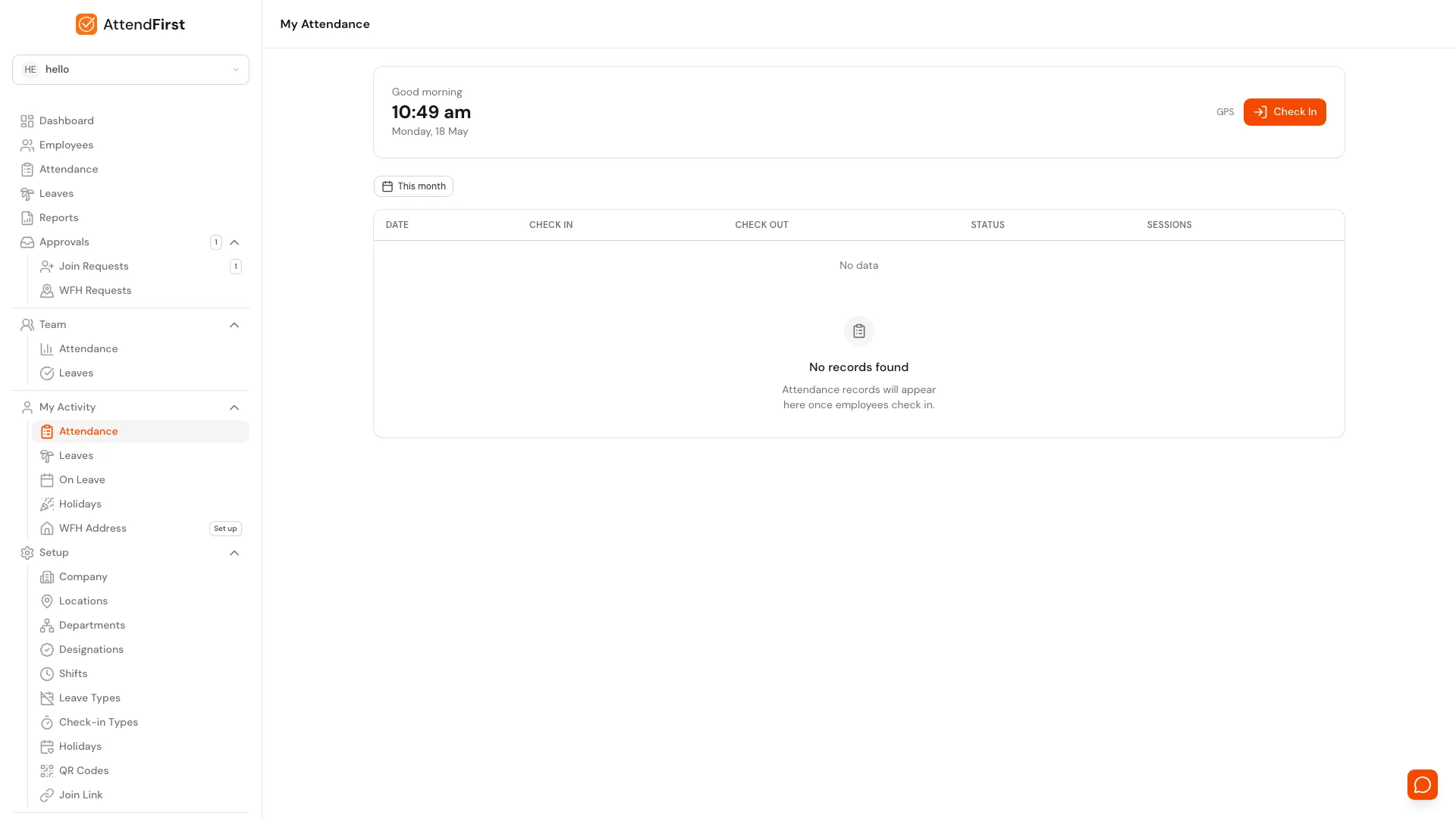 AttendFirst desktop attendance dashboard showing the Check In card with greeting, live clock, GPS method, plus the This month date filter and the daily attendance records table